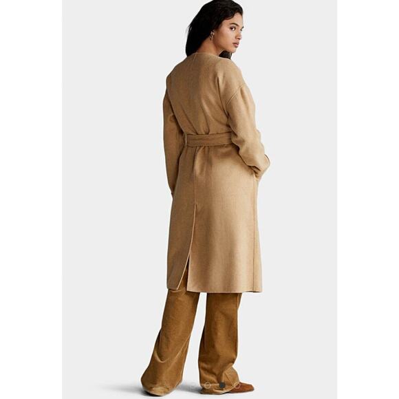 Ralph Lauren Belted Wrap Wool Long Coat Camel Women's L Double Face Pockets Tan - Picture 2 of 14
